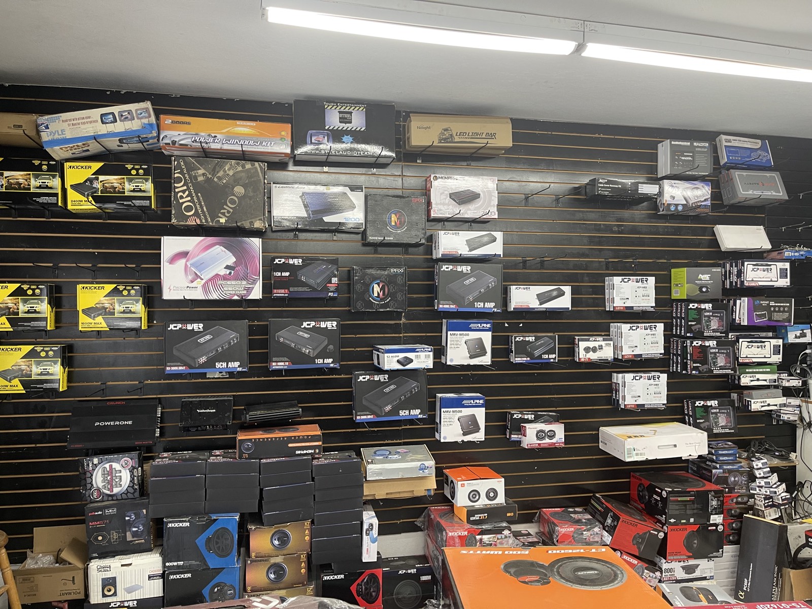 Car audio gear wall — amps, speakers & head units